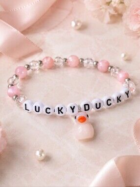 Lucky Ducky Pink Beaded Stretch Bracelet Duck Charm Handmade